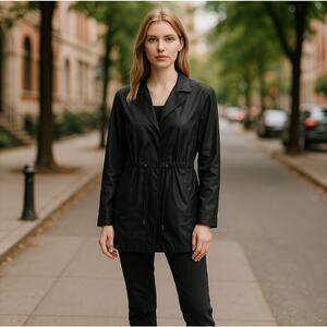 Travelsmith Black Leather Tie Waist Jacket